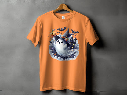 Orange t-shirt with a cartoon ghost, witch hat, pumpkin, bats, and haunted house design.