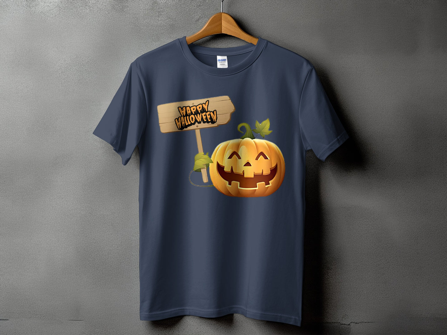 Navy t-shirt with jack-o'-lantern and "Happy Halloween" sign graphic.