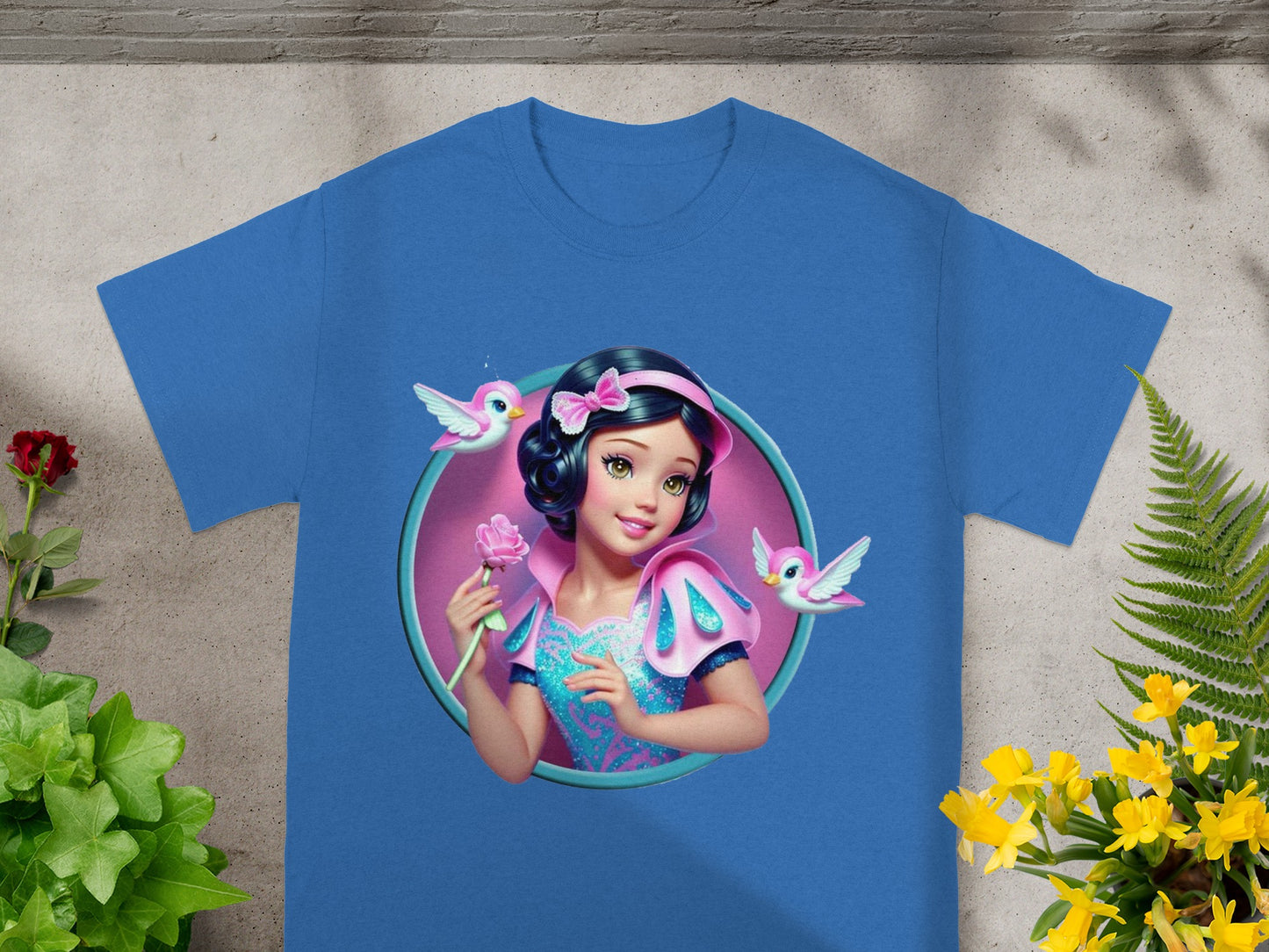 Blue t-shirt featuring Snow White holding a rose with two birds.