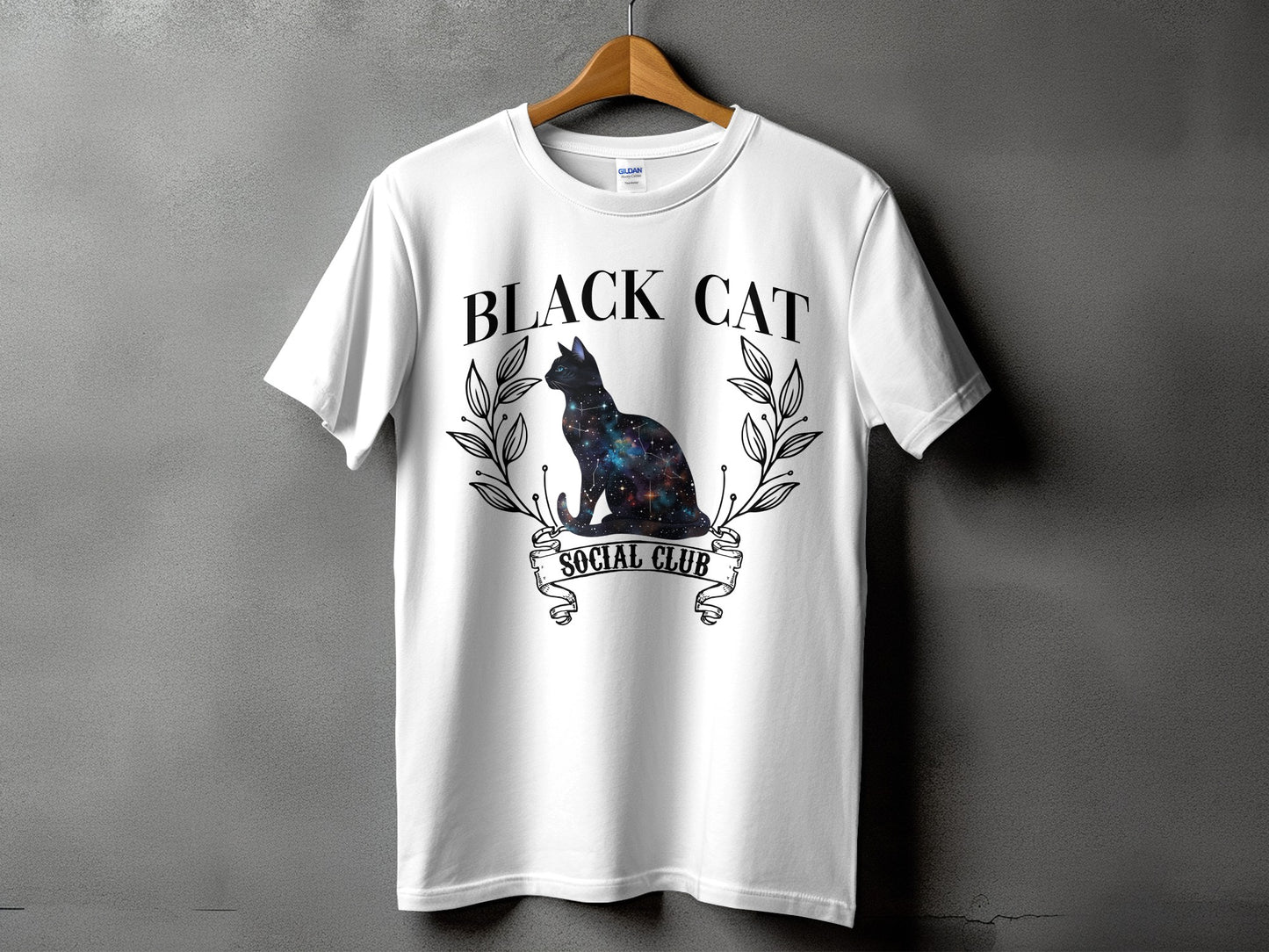 White t-shirt with "BLACK CAT SOCIAL CLUB" text and galaxy cat graphic.