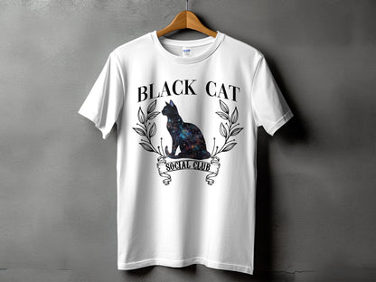 White t-shirt with "BLACK CAT SOCIAL CLUB" text and galaxy cat graphic.