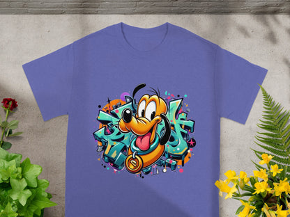 Purple t-shirt with cartoon dog Pluto and colorful graffiti design.