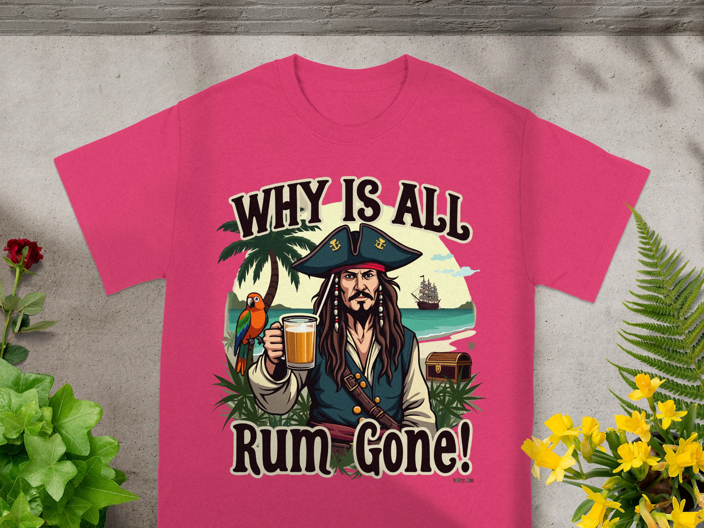 Pink t-shirt with pirate graphic and text "WHY IS ALL RUM GONE!".