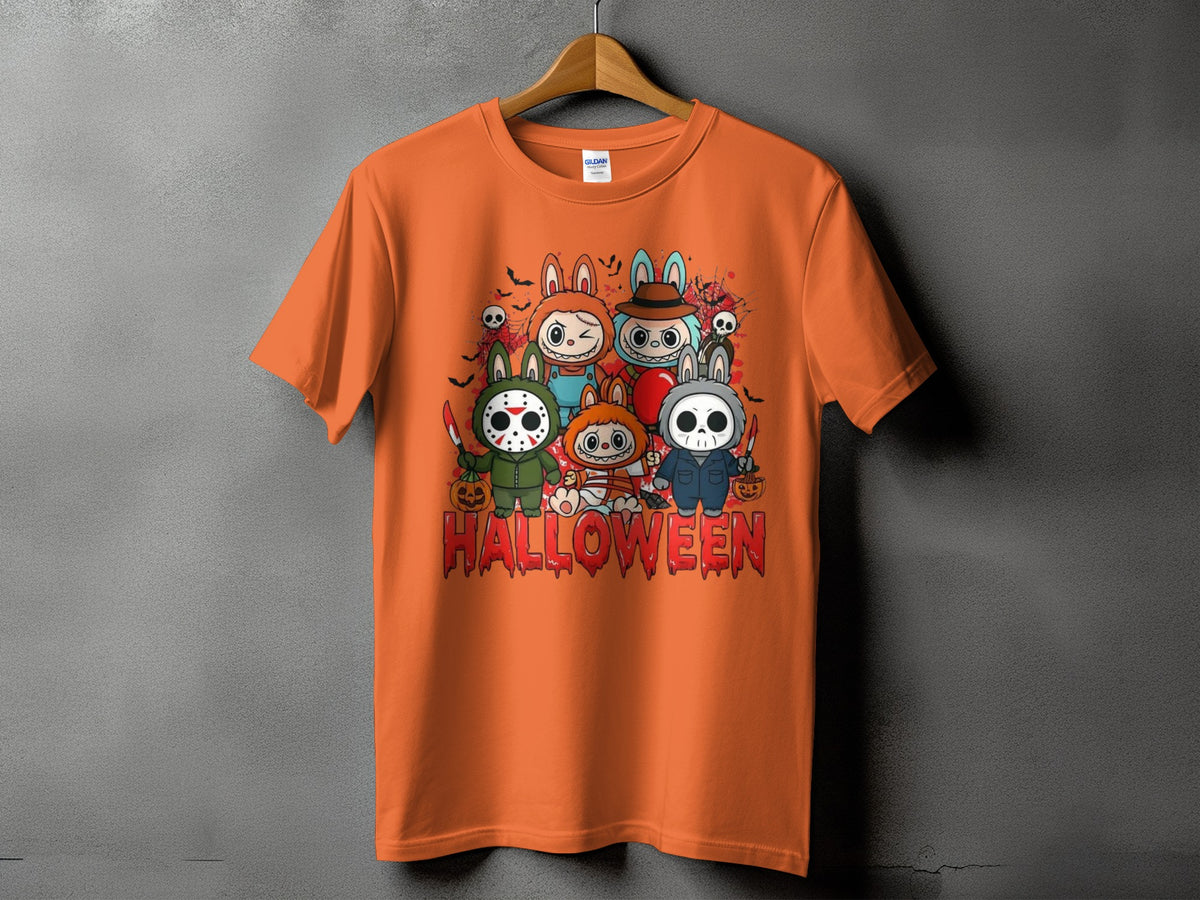 Orange t-shirt with Halloween-themed cartoon characters and text.