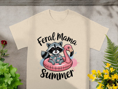 Feral Mama Summer Raccoon Flamingo Graphic T-shirt