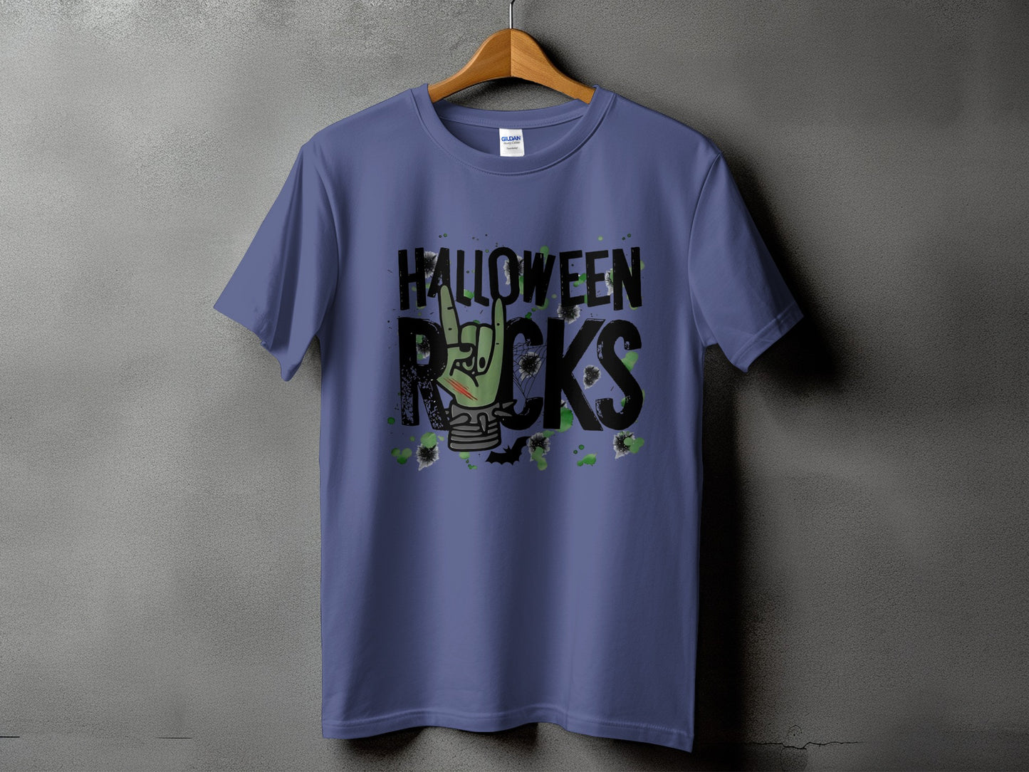 Purple t-shirt with "Halloween Rocks" text and zombie hand graphic.