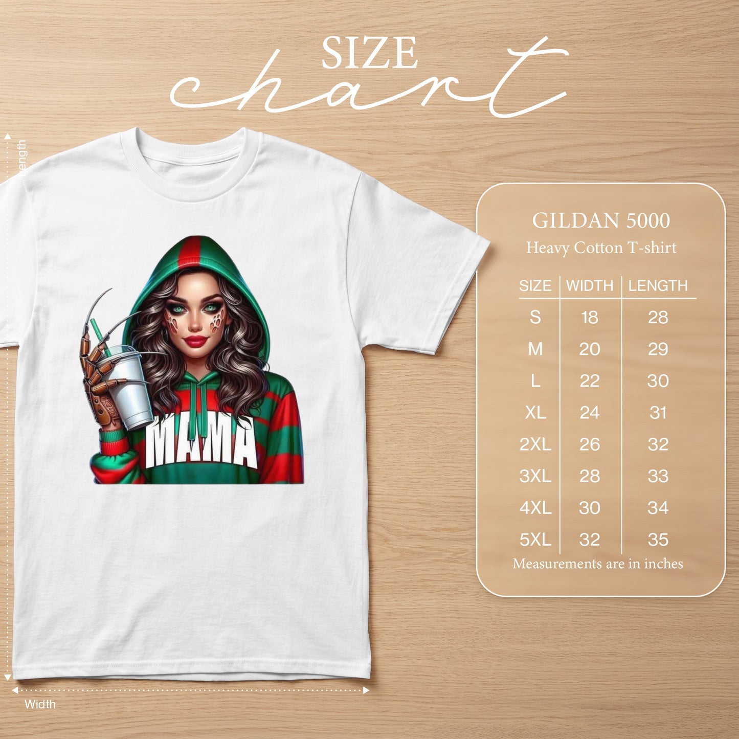 White t-shirt with graphic of woman in hooded shirt holding drink and size chart.