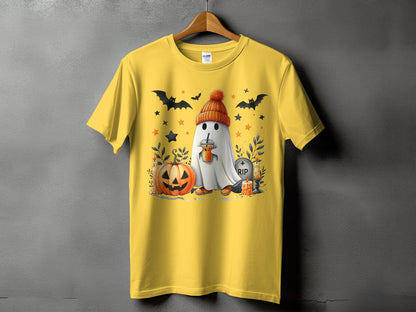 Yellow t-shirt with Halloween ghost, pumpkin, bats, and RIP gravestone design.