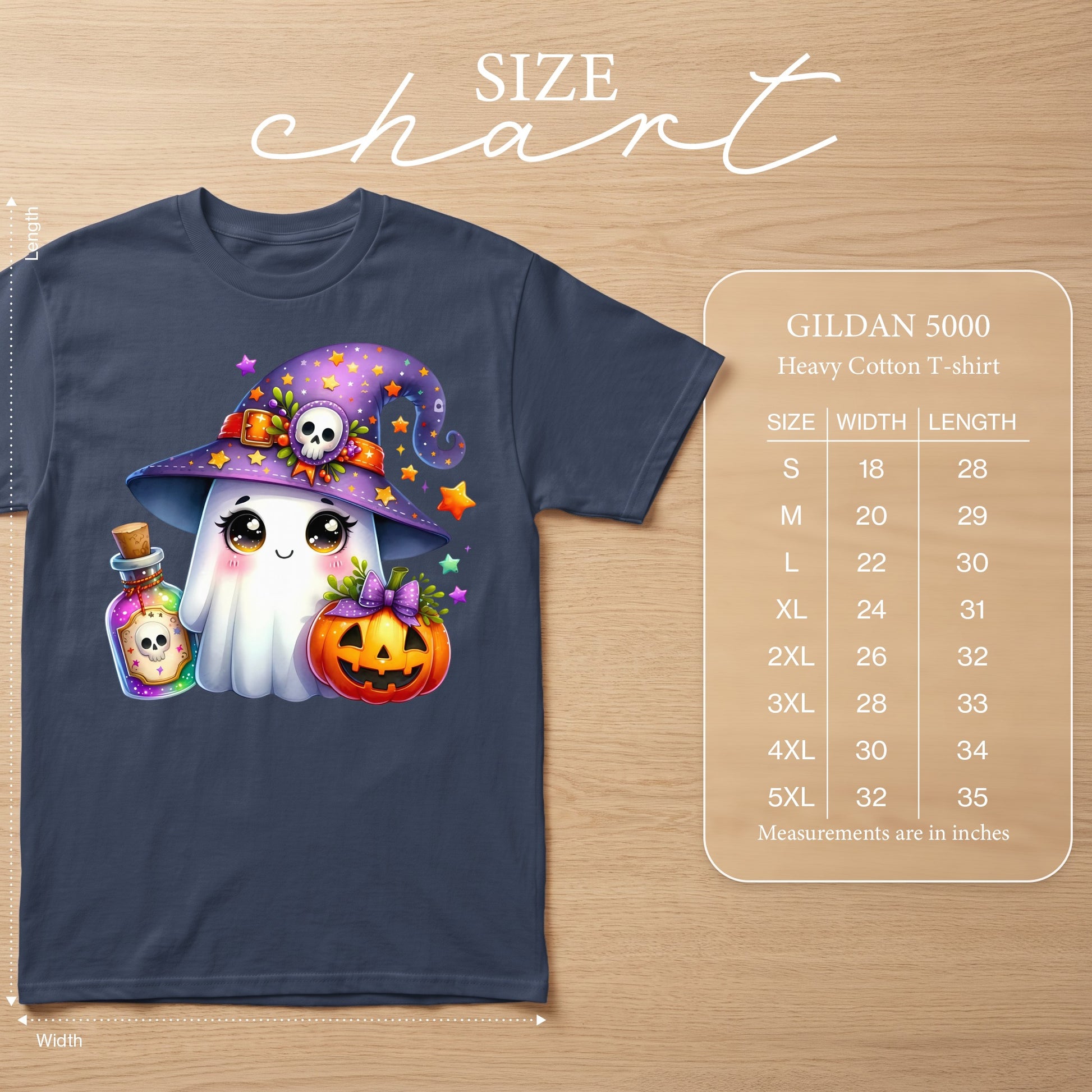 Dark blue t-shirt with kawaii ghost, witch hat, potion, and pumpkin design, size chart included.