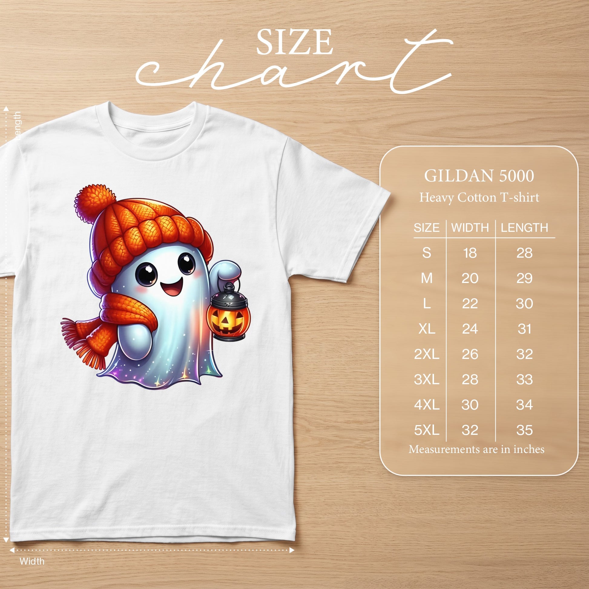 White Gildan 5000 t-shirt with cartoon ghost holding pumpkin lantern, size chart.