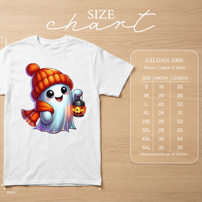 White Gildan 5000 t-shirt with cartoon ghost holding pumpkin lantern, size chart.