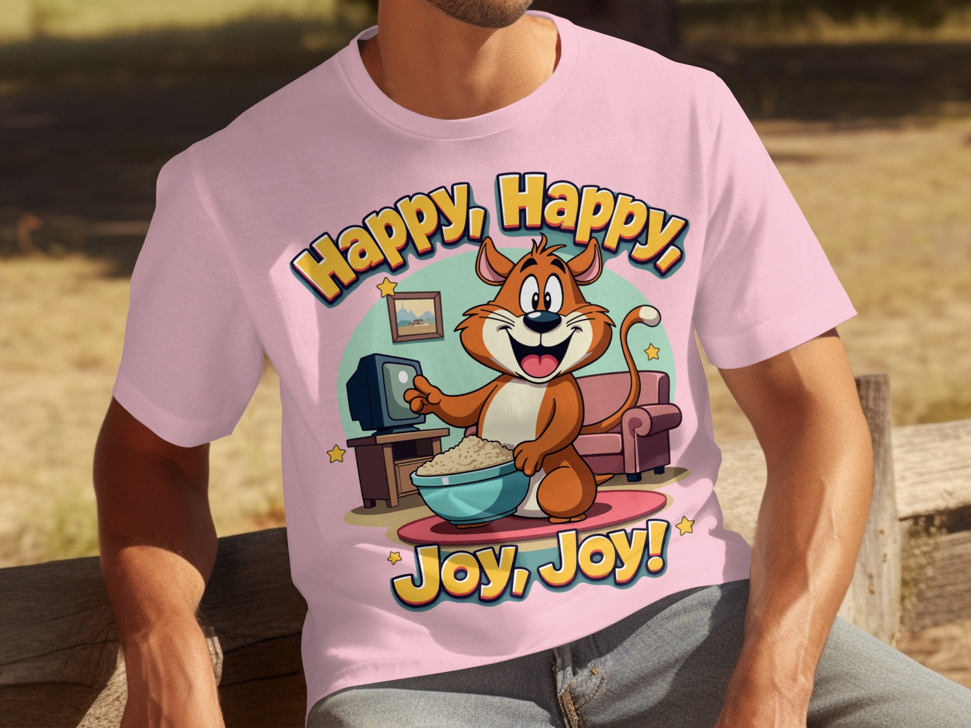 Happy Happy Joy Joy Cartoon Cat Pink T-shirt