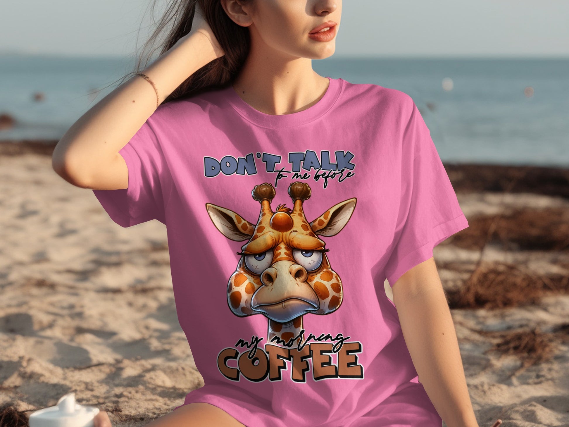 Don't Talk Giraffe Coffee Lover Oversized Pink T-Shirt