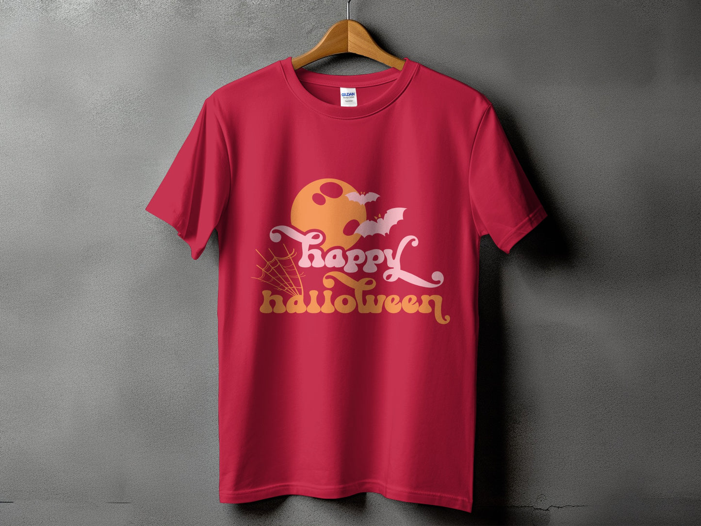 Red t-shirt with "happy halloween" text, moon, and bats graphic.