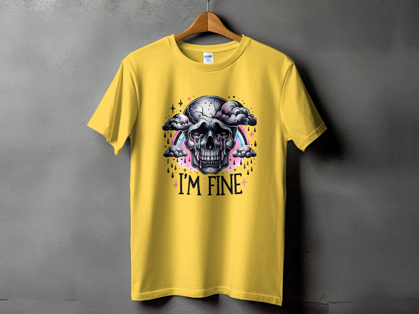 Yellow t-shirt with a crying skull graphic and "I'M FINE" text.