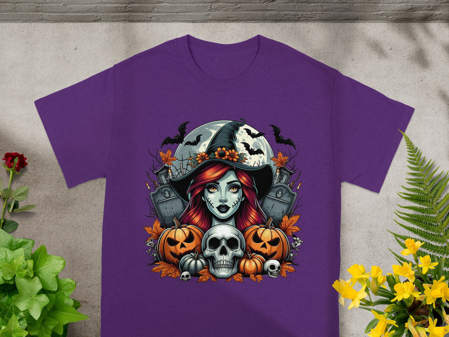Halloween design featuring a witch, pumpkins, skulls, gravestones, bats, and a full moon.