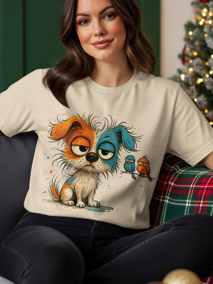 Cream t-shirt with cartoon dog and two birds.