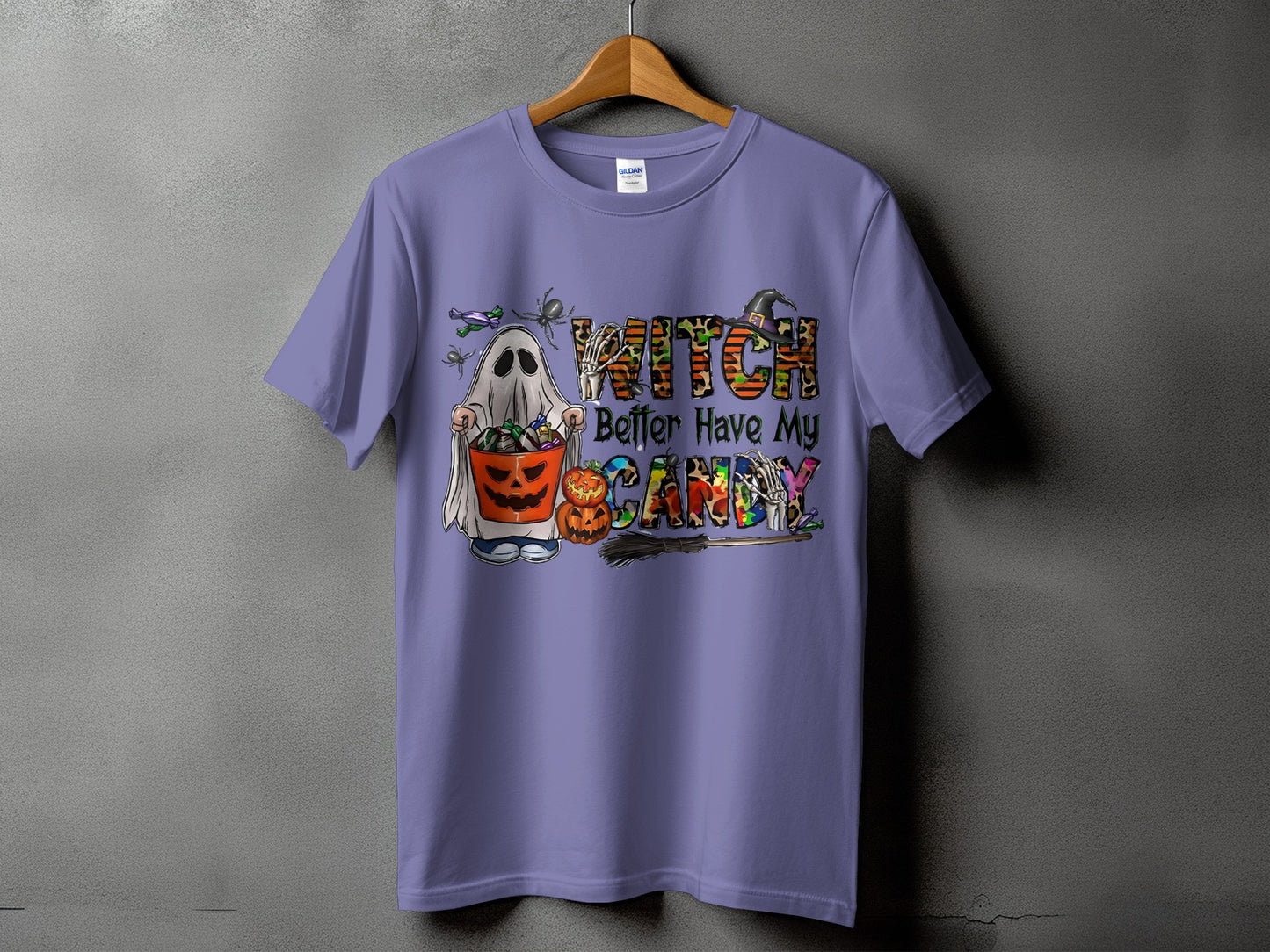 Ghost with candy bucket and "Witch Better Have My Candy" text.