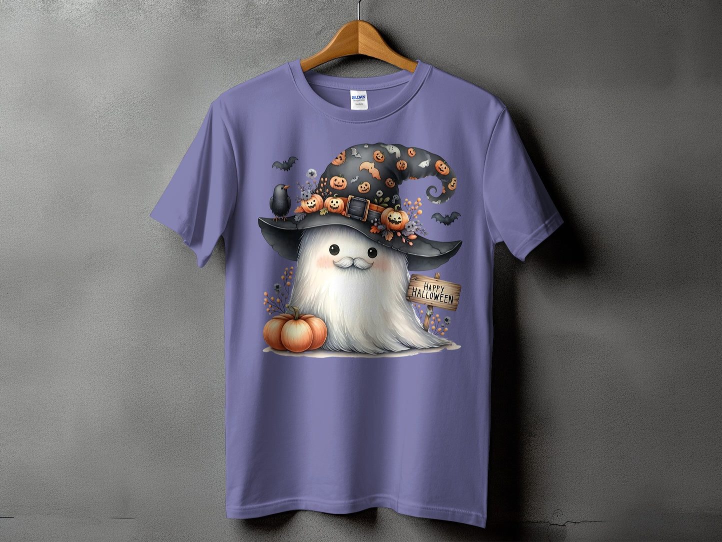 Purple t-shirt with Halloween ghost, witch hat, pumpkins, and "Happy Halloween" sign.