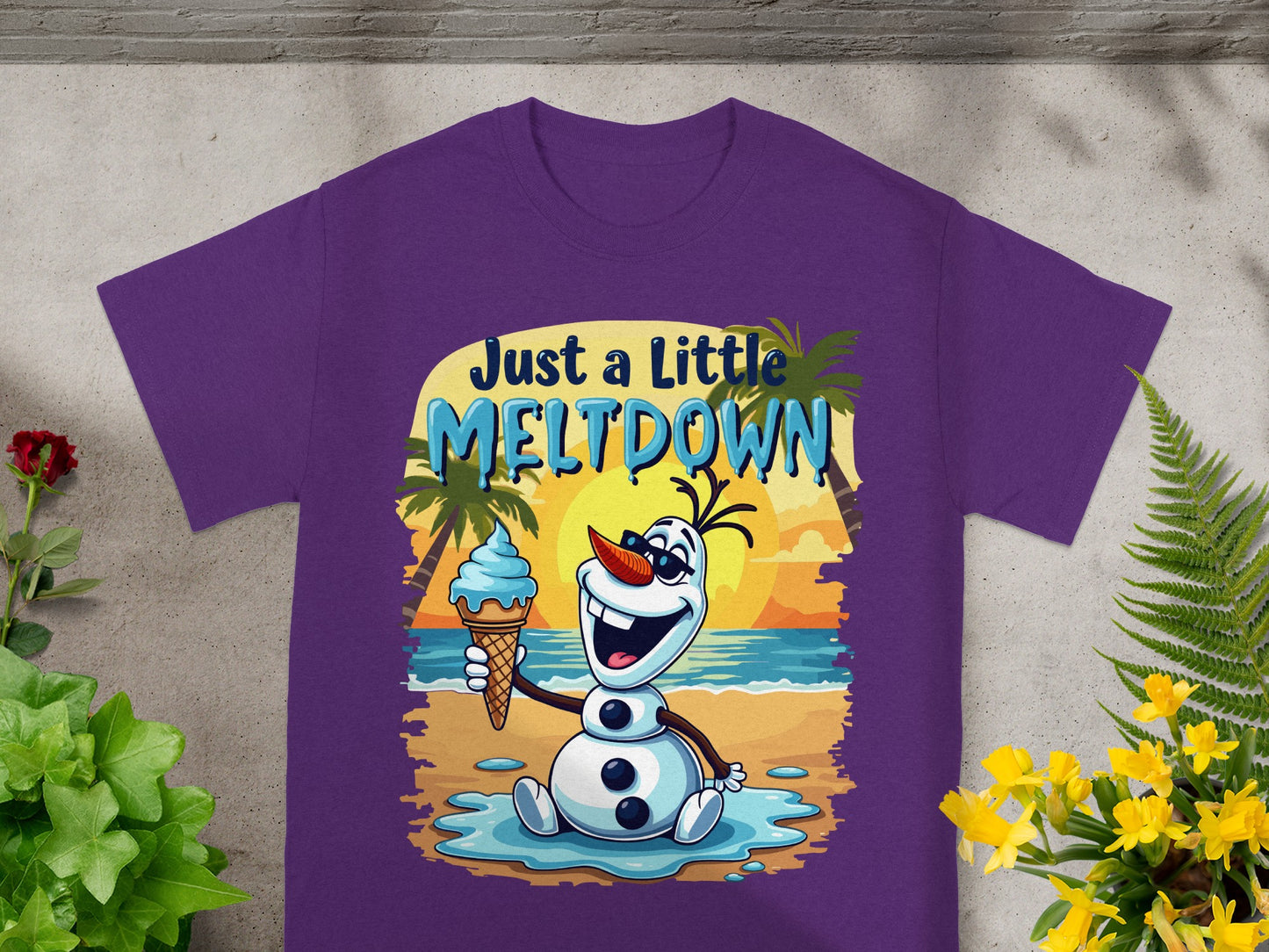 Olaf from Frozen on a beach holding ice cream, "Just a Little Meltdown!" text.