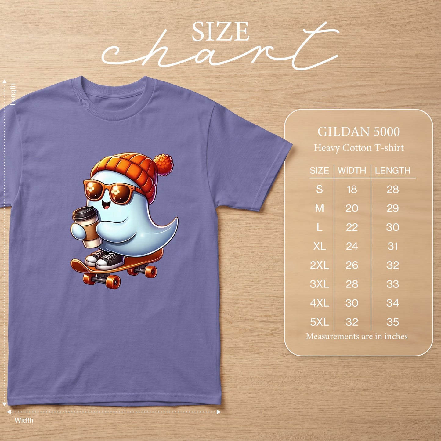 Gildan 5000 Heavy Cotton T-shirt size chart with cartoon ghost.