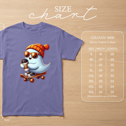 Gildan 5000 Heavy Cotton T-shirt size chart with cartoon ghost.