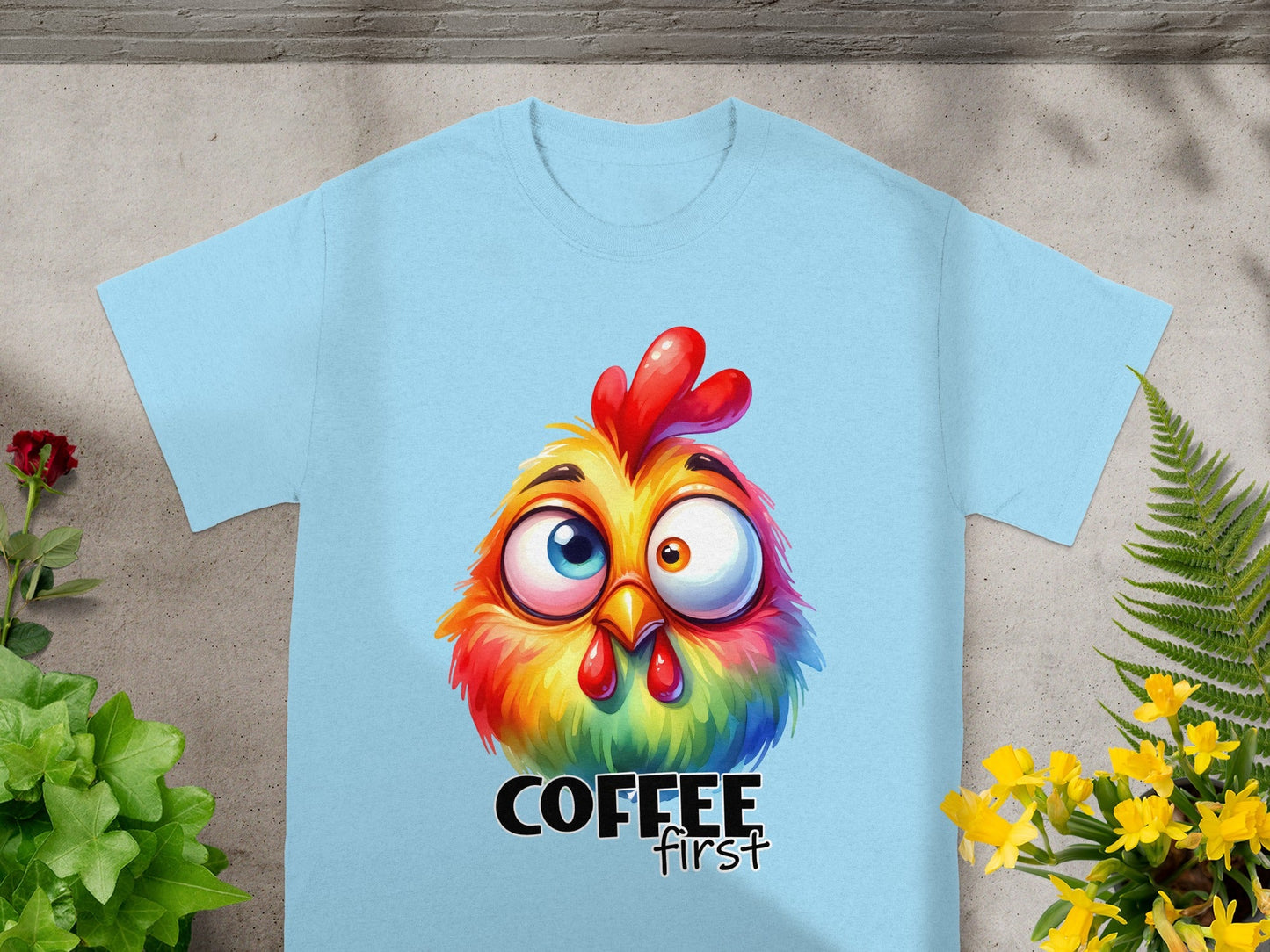 Colorful Chicken Design COFFEE first T-Shirt