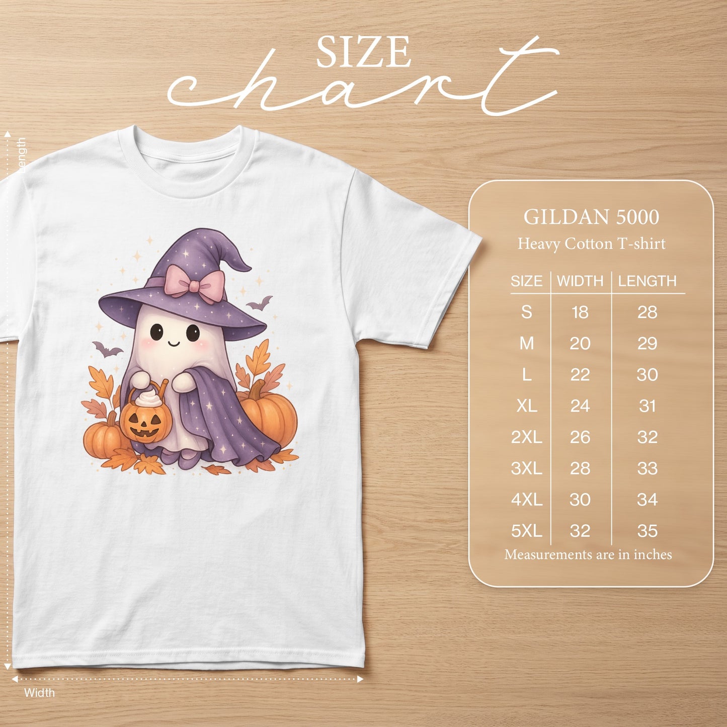White t-shirt with a cute ghost wearing a witch hat and holding a pumpkin, next to size chart.