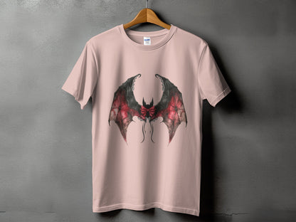 Pink t-shirt with detailed red and black bat wings graphic on front.
