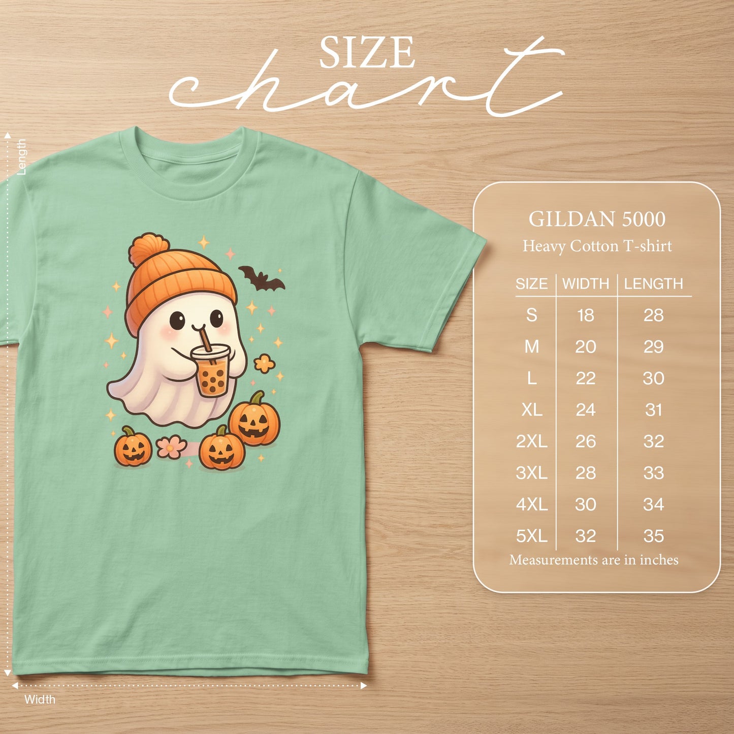 Gildan 5000 Heavy Cotton t-shirt with cute ghost, pumpkins, and bubble tea graphic.
