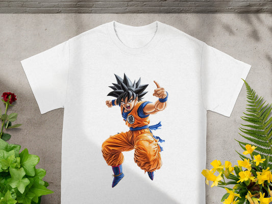 Goku in orange gi, pointing, on a white t-shirt.