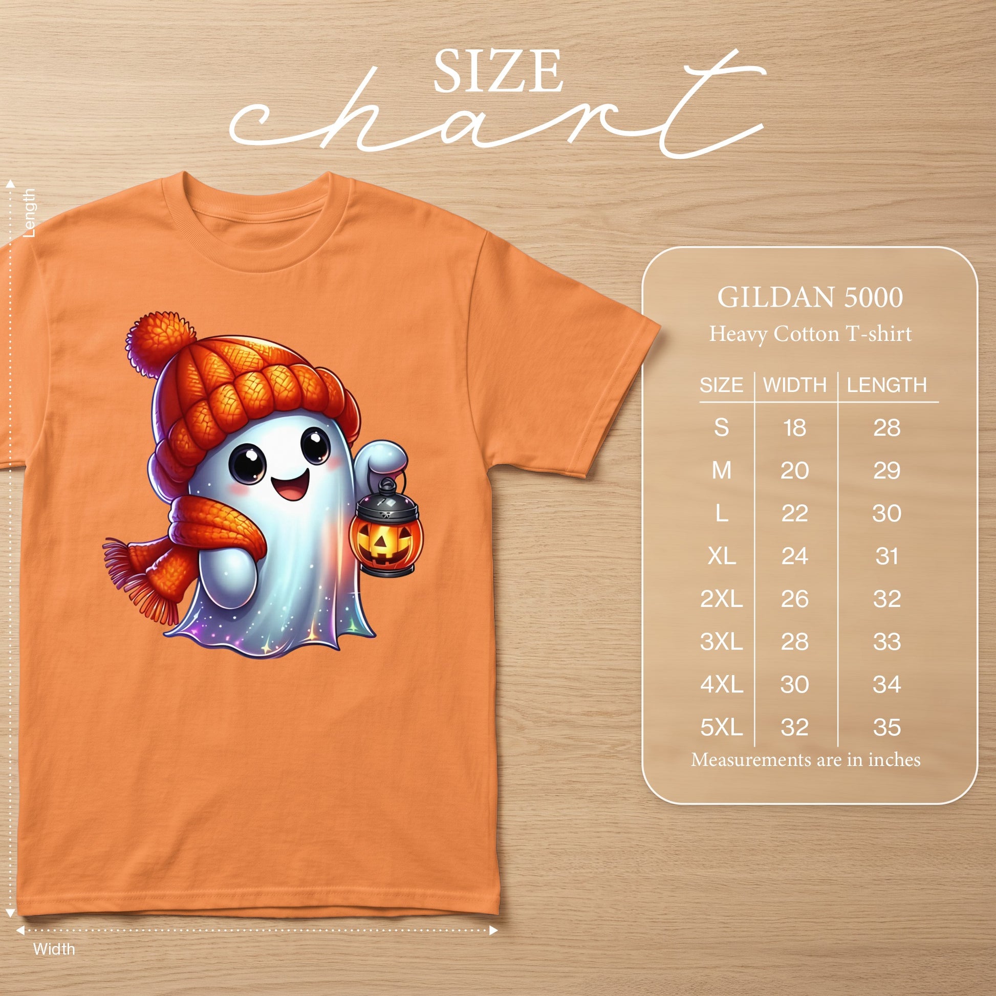 Orange t-shirt with a cute ghost graphic, accompanied by a Gildan 5000 size chart.