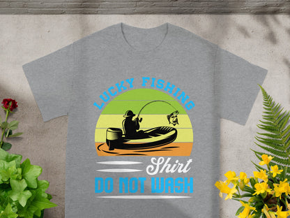Gray t-shirt with "Lucky Fishing Shirt Do Not Wash" graphic and fishing scene.