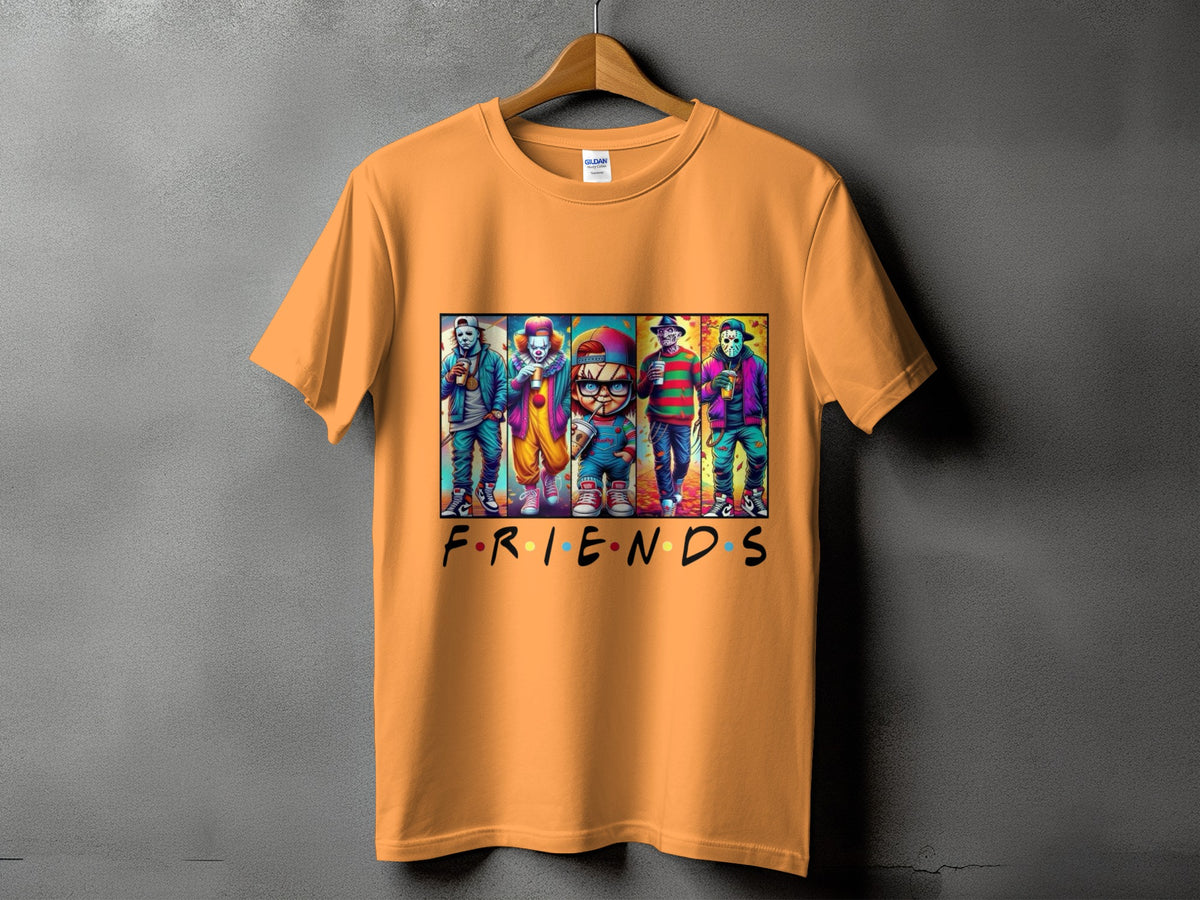 Orange t-shirt with horror characters on the "Friends" logo.