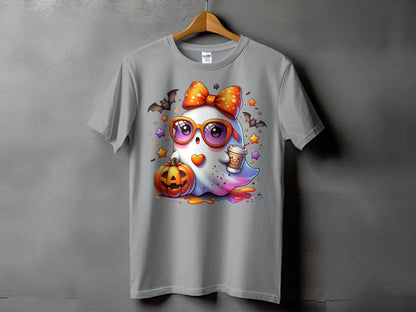 Cute ghost with sunglasses and pumpkin holding a coffee cup.