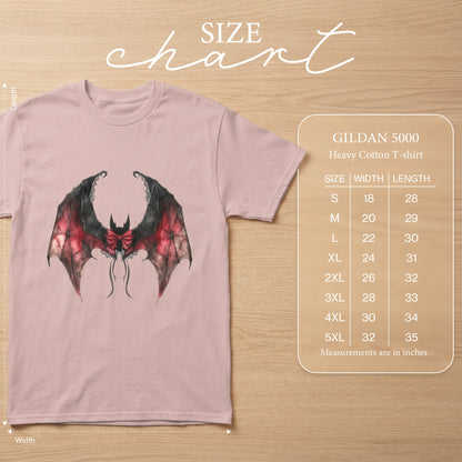 Pink t-shirt with a black and red bat graphic, Gildan 5000 size chart.