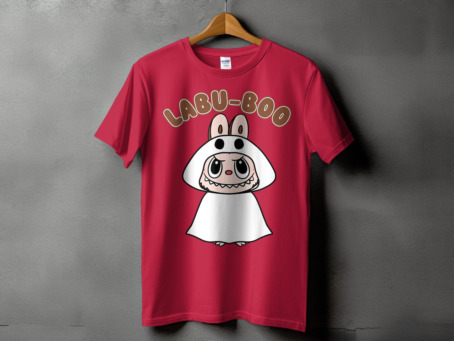 Red t-shirt with "LABU-BOO" text and a cartoon ghost character.