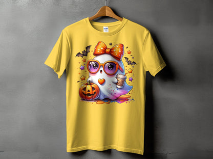 Yellow t-shirt featuring a cute ghost with sunglasses, bow, coffee, and pumpkin.