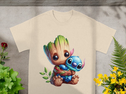 Groot and Stitch embracing on a cream t-shirt.