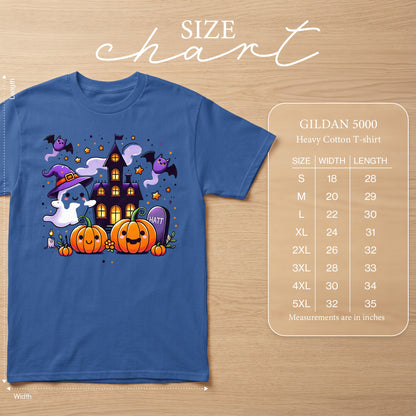 Blue t-shirt with cartoon Halloween print and Gildan 5000 size chart.