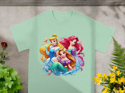 Three Disney princesses, Ariel, Cinderella, and Rapunzel, with flowing water.