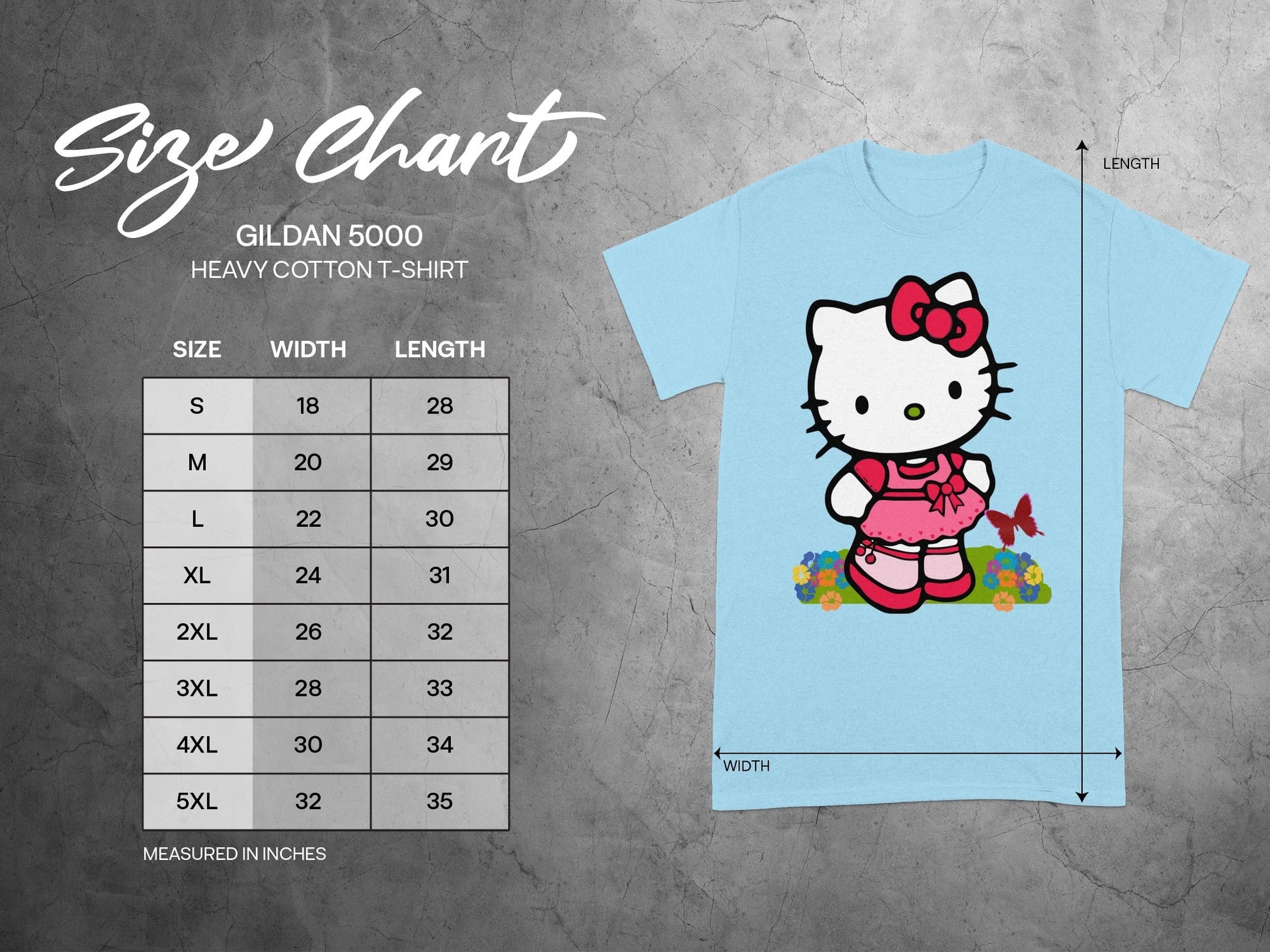 Hello Kitty Gildan 5000 T-Shirt Size Chart Inches product type