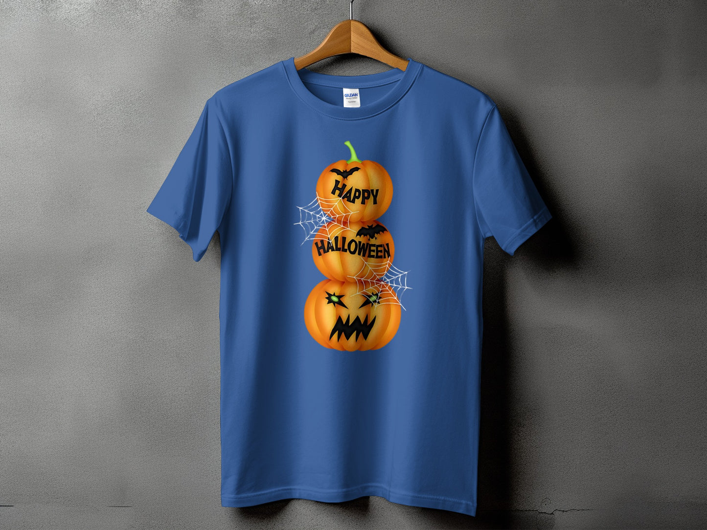 Blue t-shirt with stacked Halloween pumpkins, bats, and "Happy Halloween" text.