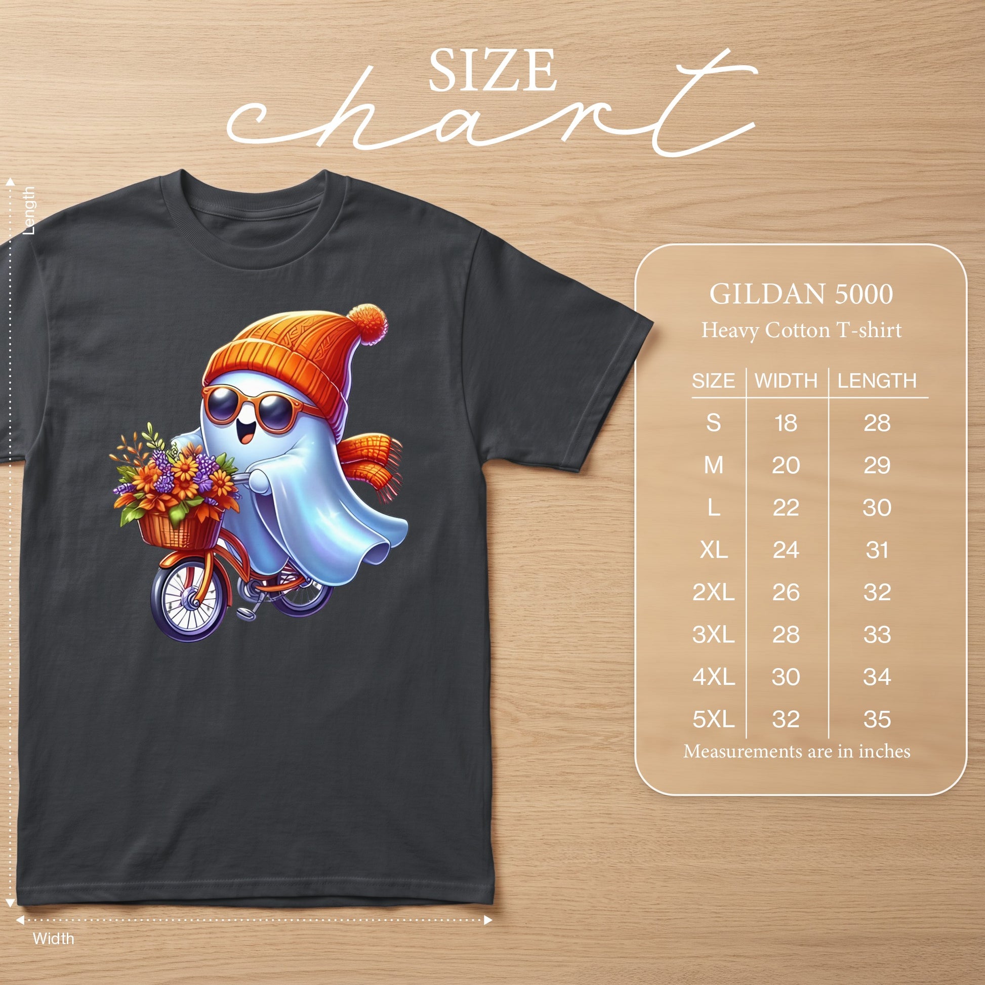 Size chart for Gildan 5000 heavy cotton t-shirt with ghost graphic.