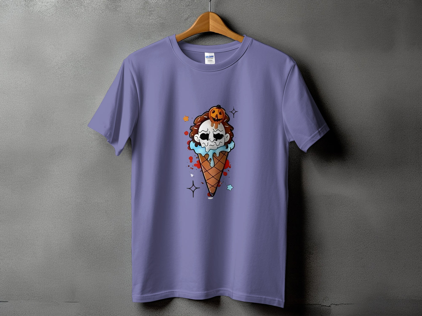 T-shirt with a spooky ice cream cone graphic featuring a skull and pumpkin.