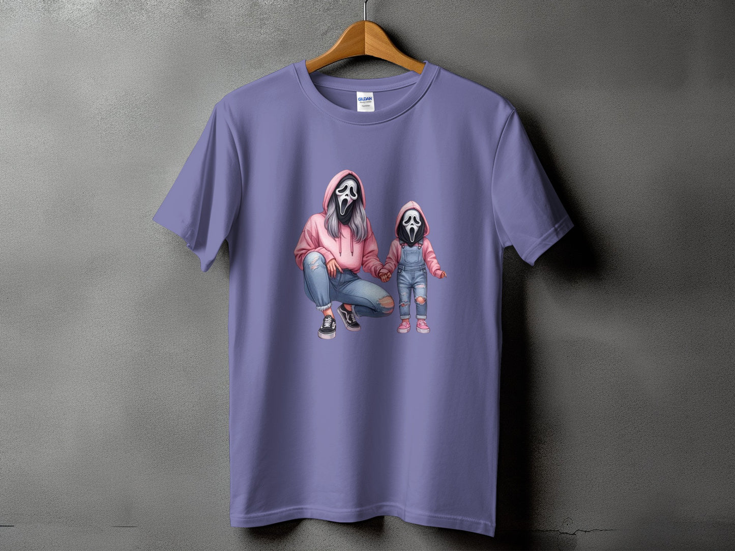 Ghostface mother and child graphic on a purple Gildan t-shirt.