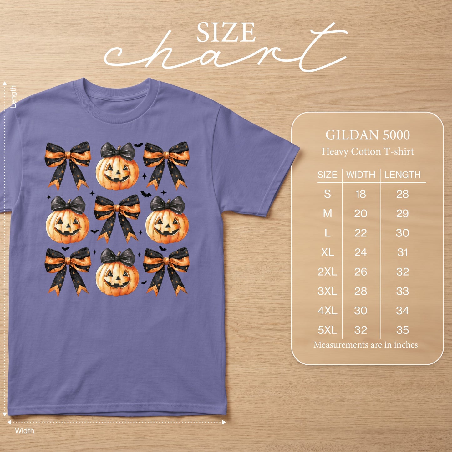 Purple Gildan 5000 t-shirt with repeating jack-o'-lantern and bow pattern. Size chart included.