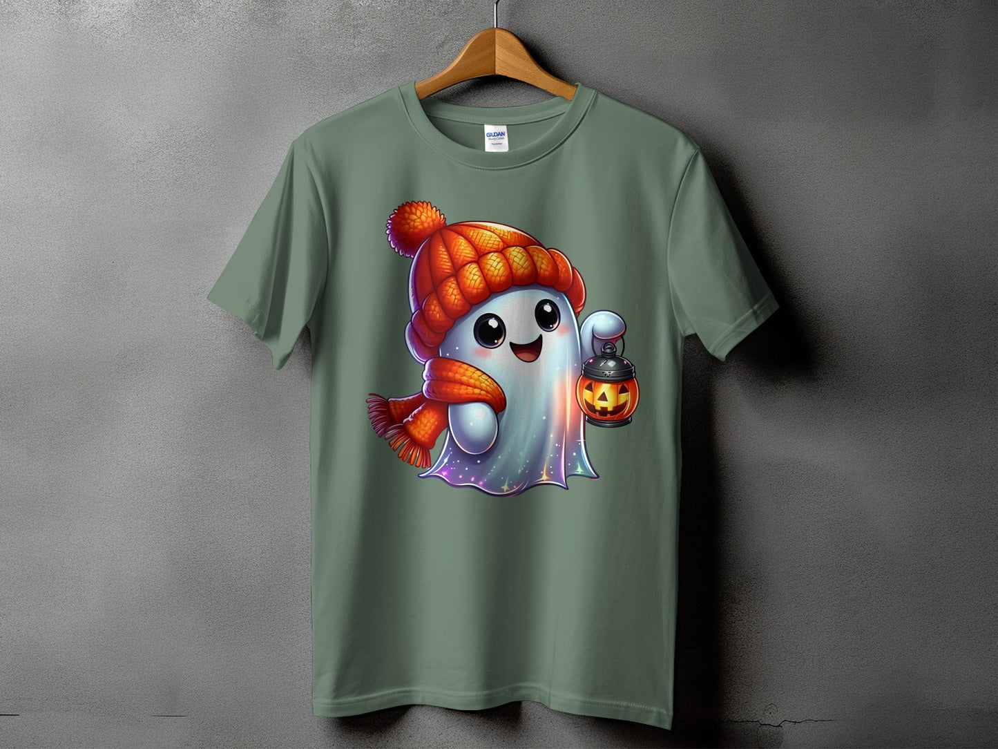 Ghost wearing a beanie and scarf holding a pumpkin lantern.
