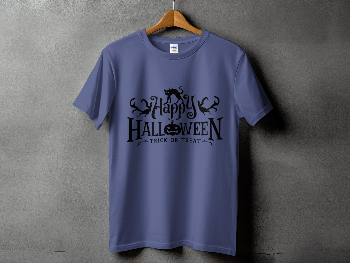 Purple t-shirt with black "Happy Halloween Trick or Treat" graphic.