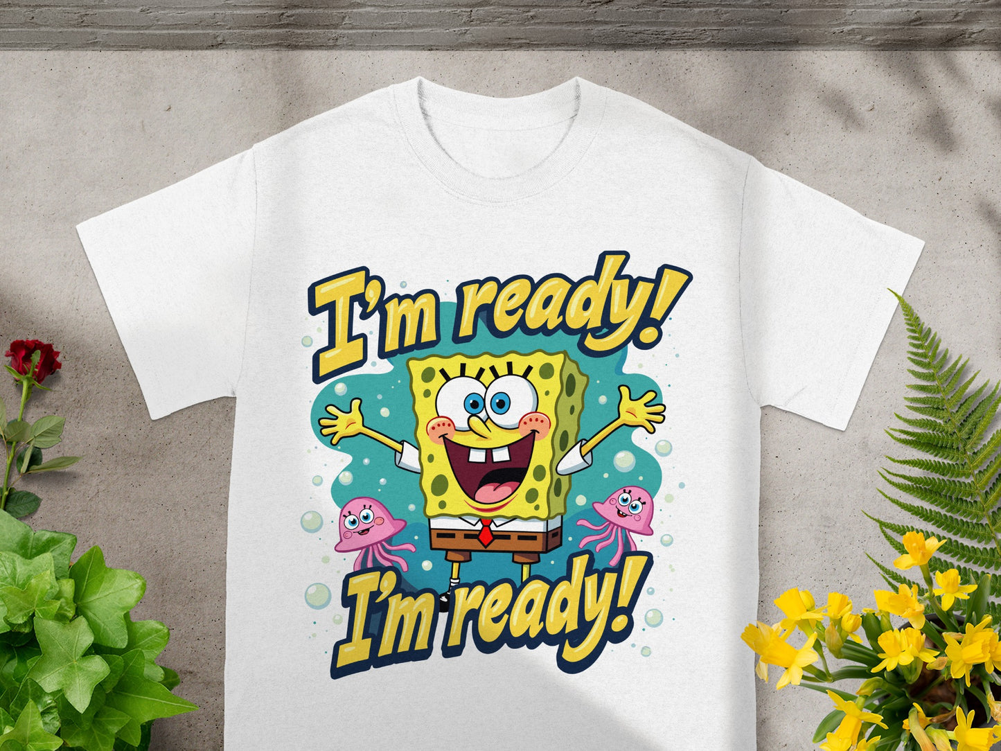 SpongeBob SquarePants and two jellyfish with "I'm ready!" text.